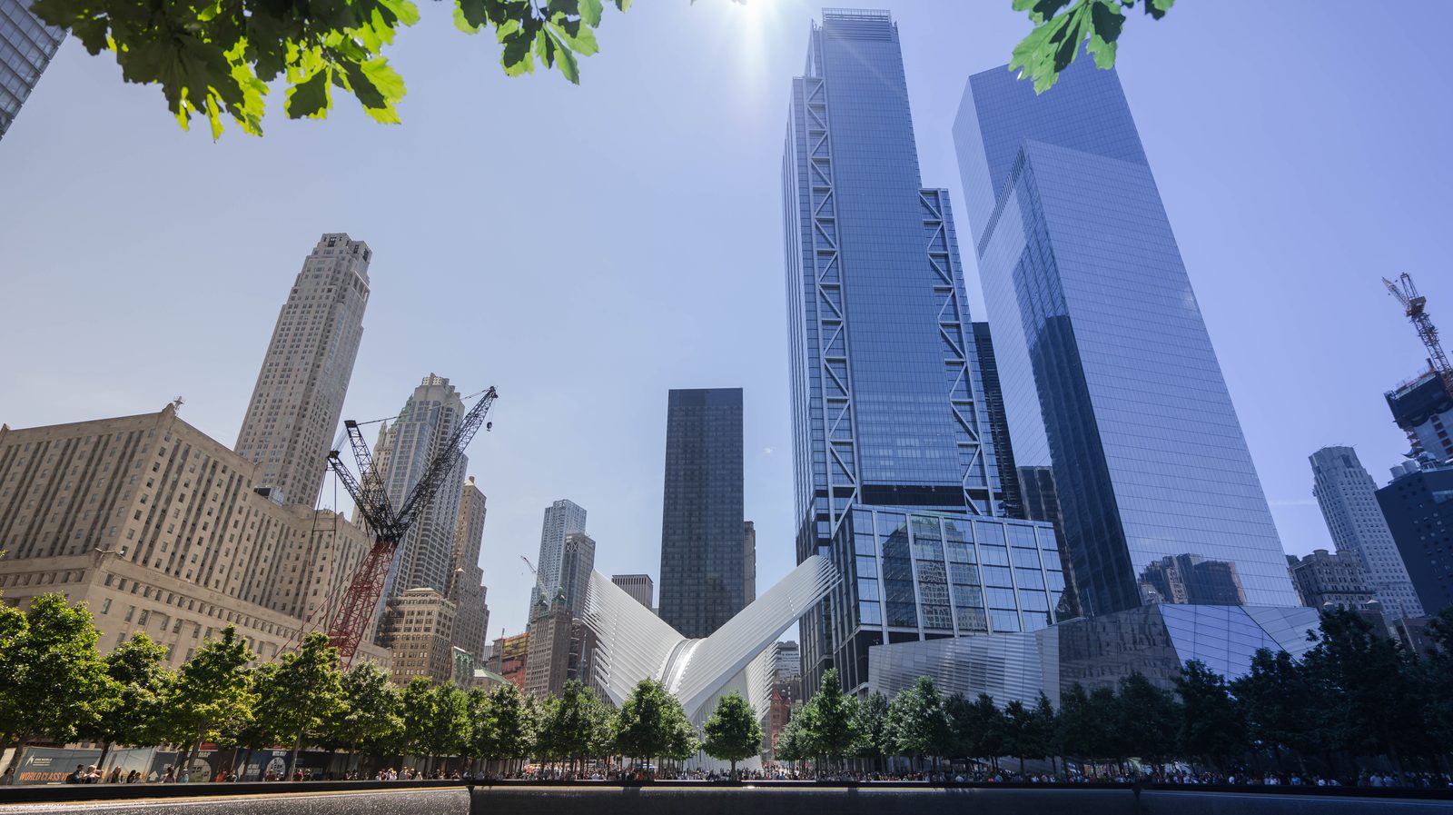 One World Trade Center and the Oculus from the 9/11 Memorial plaza